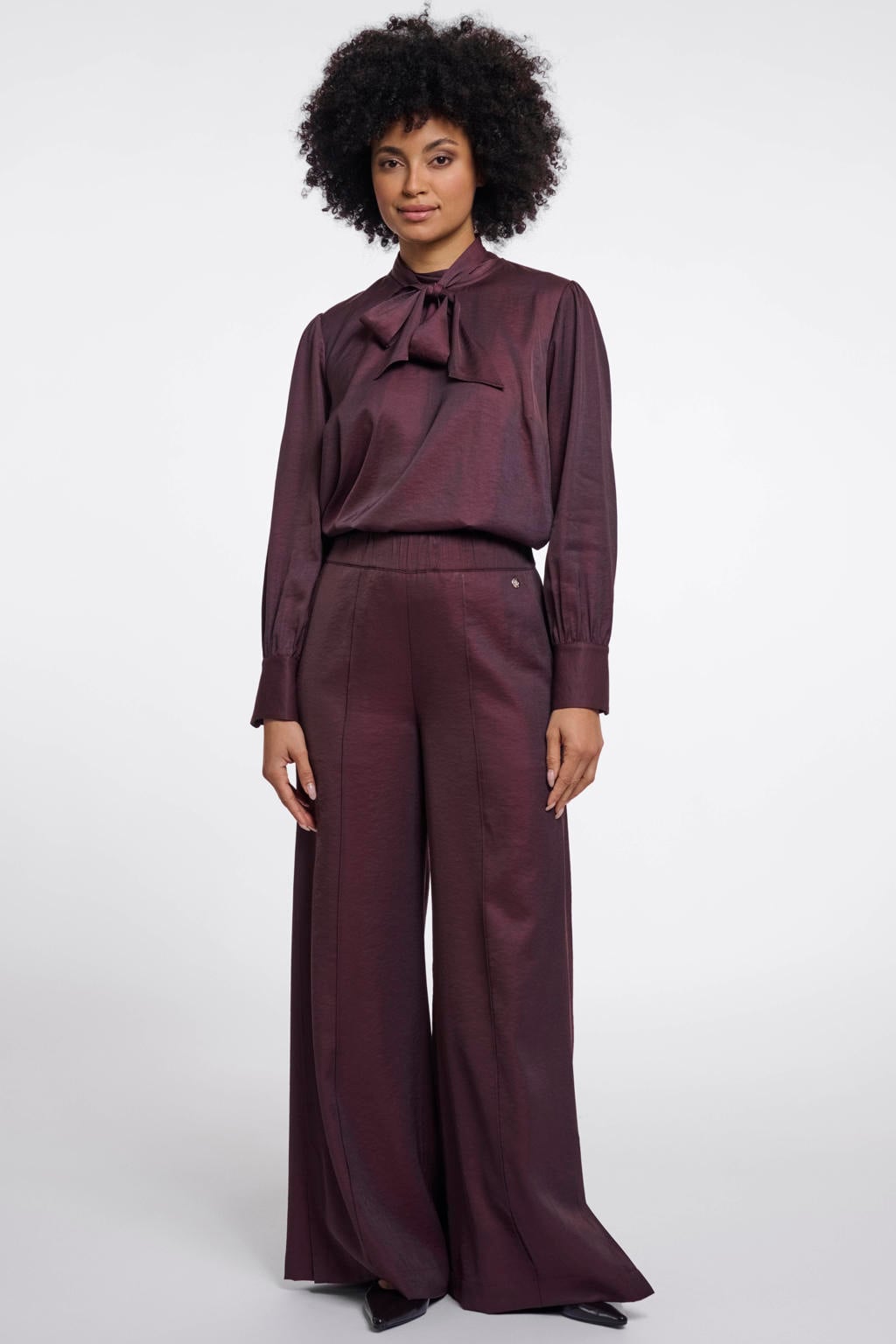 Bruine dames Rino & Pelle van viscose met wijde pijpen, high waist, elastische tailleband en effen