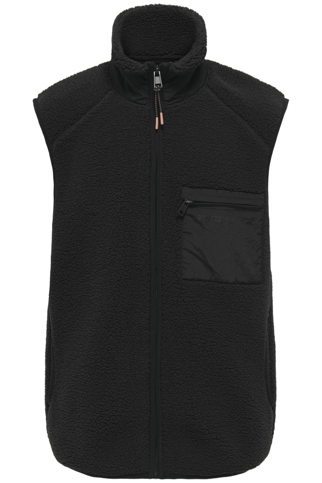 Zwarte jongens ONLY & SONS JUNIOR teddy bodywarmer met effen, opstaande kraag en ritssluiting