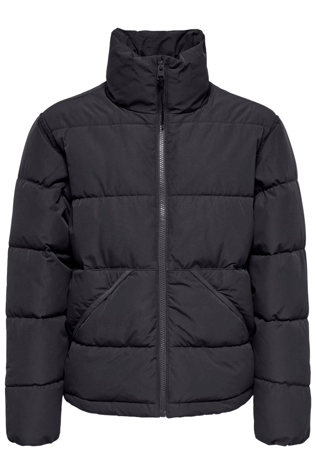 Antraciete jongens ONLY & SONS JUNIOR gewatteerde winterjas van polyester met effen, lange mouwen, opstaande kraag, ritssluiting en geweven detail