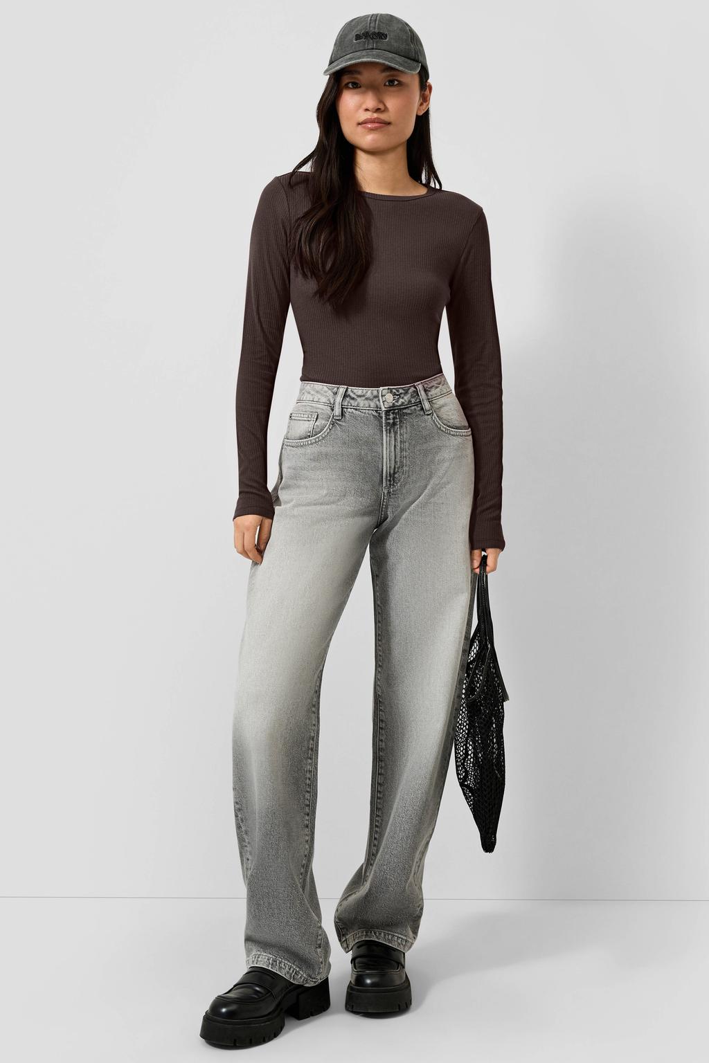 Bruine dames QS top van viscose met effen, lange mouwen, ronde hals en rib gebreide details
