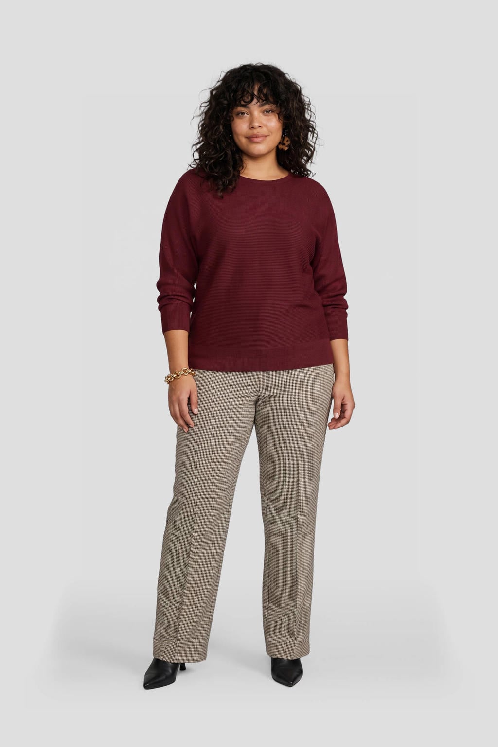 Beige en zwarte dames GREAT LOOKS wide leg broek van viscose met high waist en ruitenprint