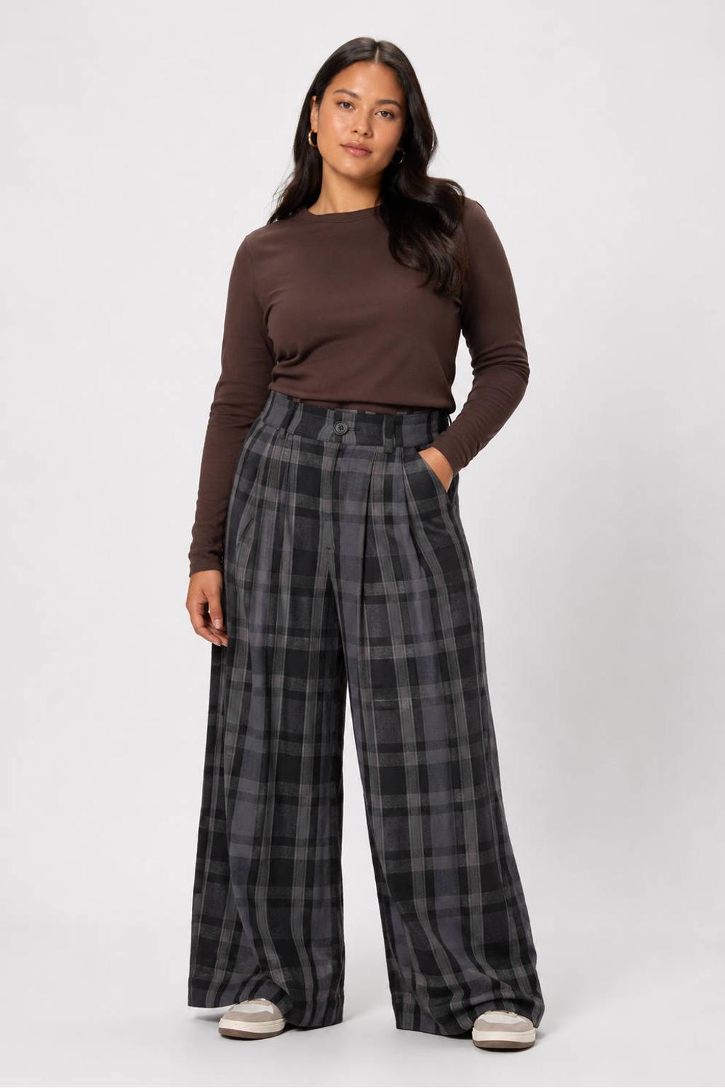 Grijs en zwarte dames NOISY MAY Curve high waist wide leg geruite pantalon Plus Size van katoen met rits- en knoopsluiting