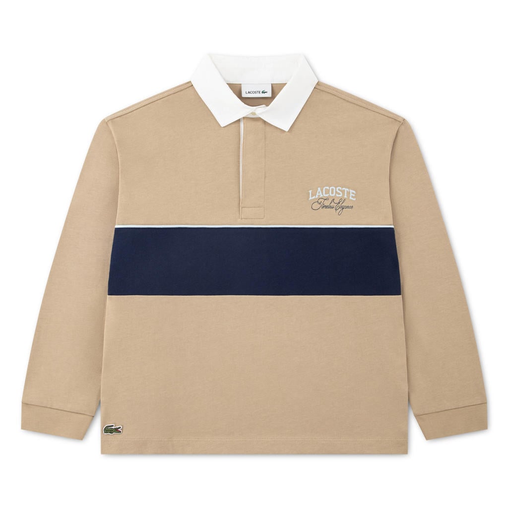 Beige jongens Lacoste polo van katoen met meerkleurige print, lange mouwen en knoopsluiting