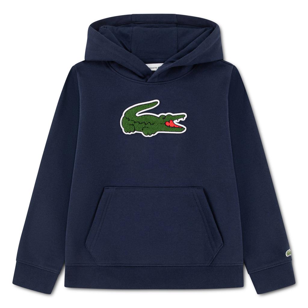 Donkerblauwe jongens Lacoste sweater met logo dessin, lange mouwen, capuchon en geribde boorden