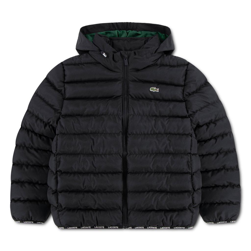 Zwarte jongens Lacoste quilted gewatteerde jas van polyester met logo dessin, lange mouwen, capuchon, ritssluiting en doorgestikte details