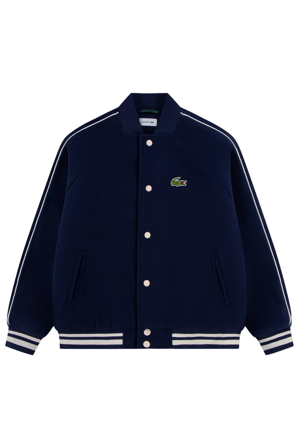 Donkerblauwe jongens Lacoste baseballjack van polyester met logo dessin, lange mouwen, ronde hals, drukknoopsluiting en geribde boorden