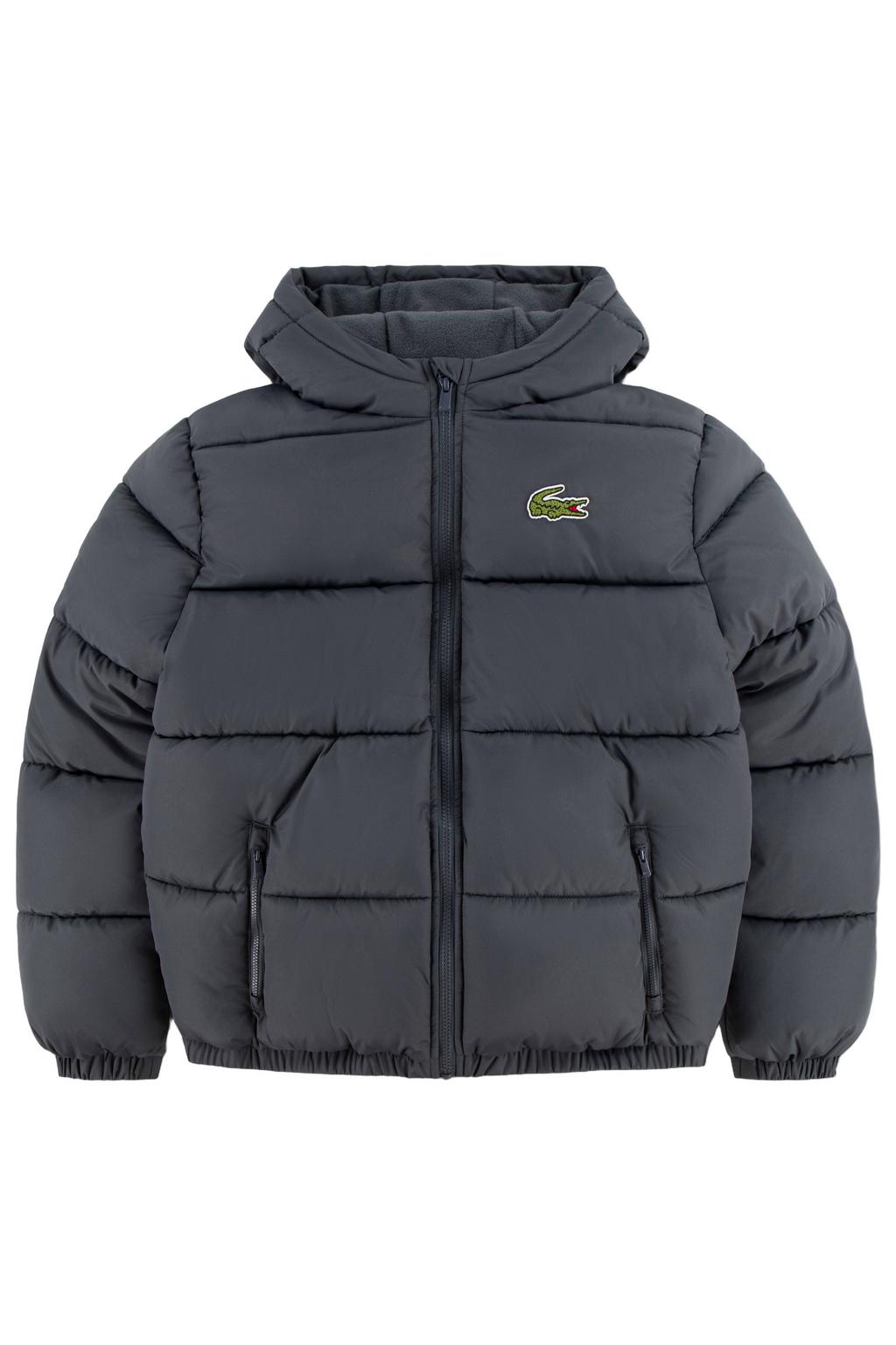 Antraciete jongens Lacoste quilted gewatteerde jas van polyester met effen, lange mouwen, capuchon, ritssluiting en doorgestikte details