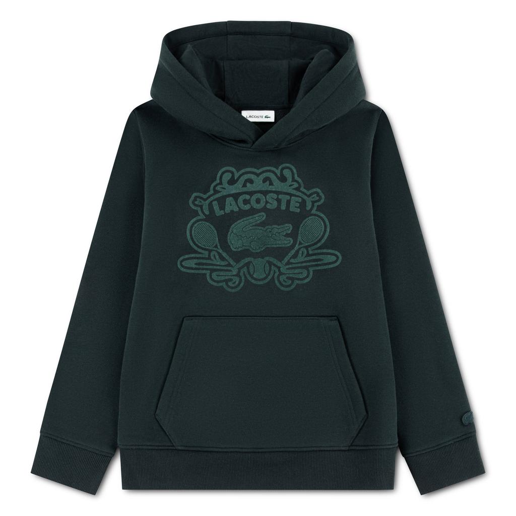 Donkergroene jongens Lacoste hoodie van sweat materiaal met printopdruk, lange mouwen en capuchon