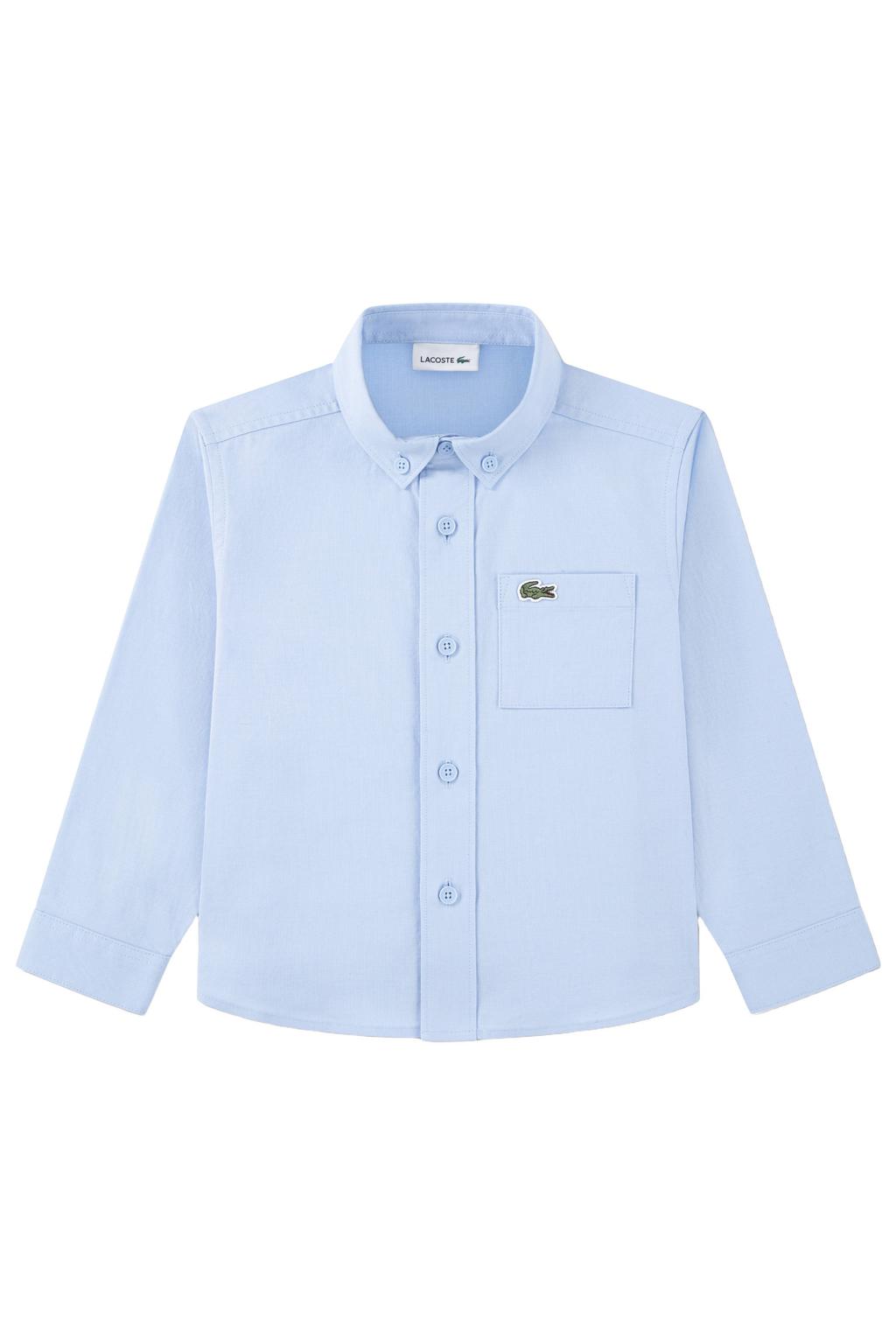 Lichtblauwe jongens Lacoste overhemd van stretchkatoen met logo dessin, lange mouwen, button down sluiting en knoopsluiting
