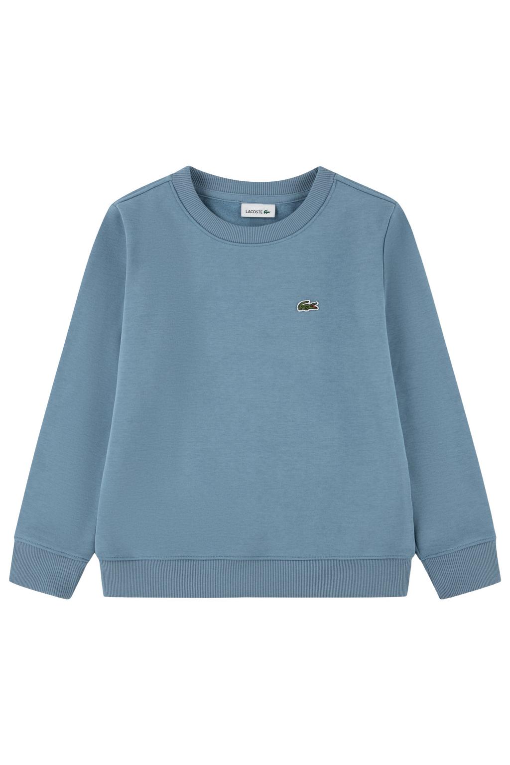 Blauwe jongens Lacoste fleece sweater met logo dessin, lange mouwen, ronde hals en geribde boorden