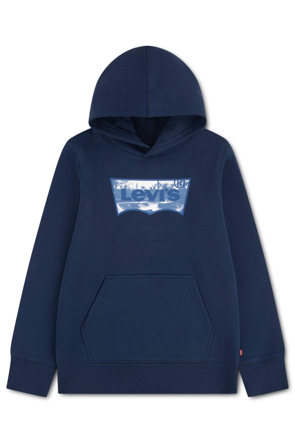 Donkerblauwe jongens Levi's Kids hoodie van sweat materiaal met tekst print, lange mouwen en capuchon