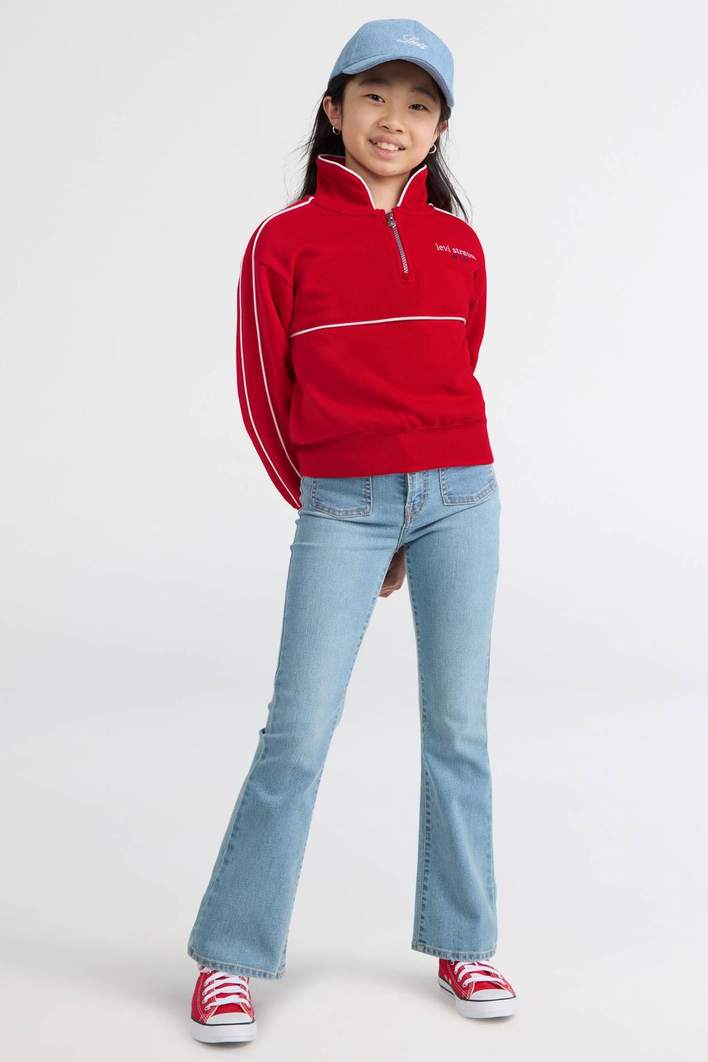 Rode meisjes Levi's Kids sweater met effen, lange mouwen, opstaande kraag en halve rits