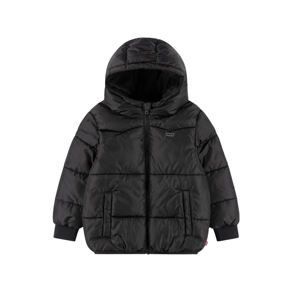 Zwarte jongens Levi's Kids gewatteerde winterjas van polyester met lange mouwen, capuchon en ritssluiting