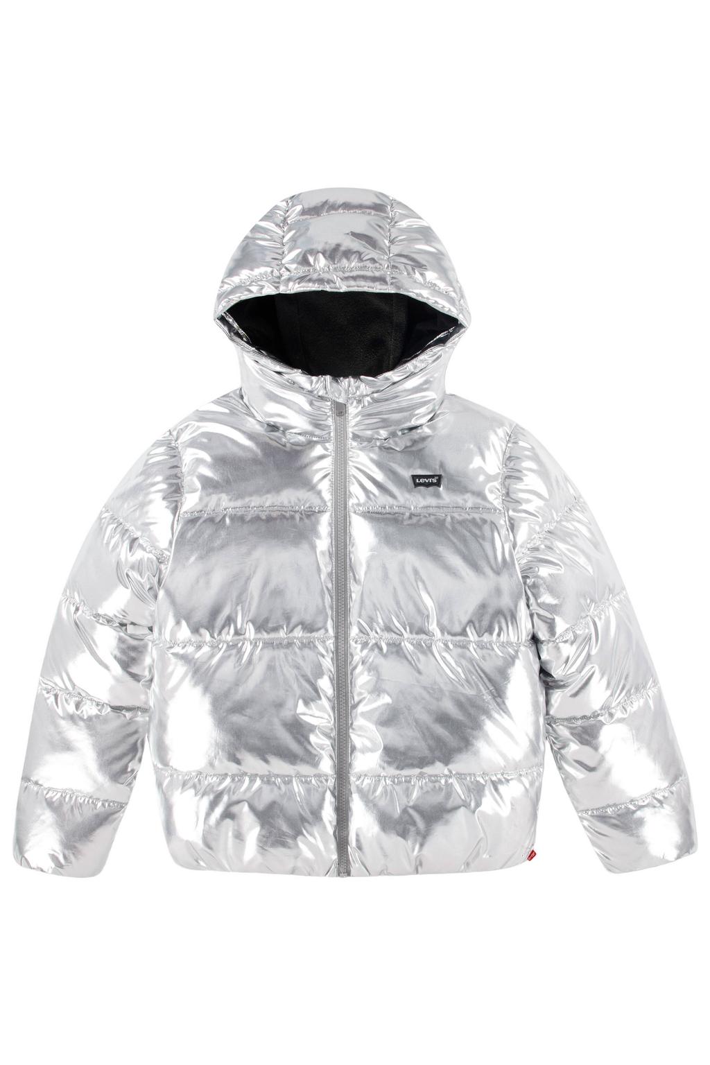 Zilverkleurige meisjes Levi's Kids gewatteerde winterjas van polyester met effen, lange mouwen, capuchon en ritssluiting