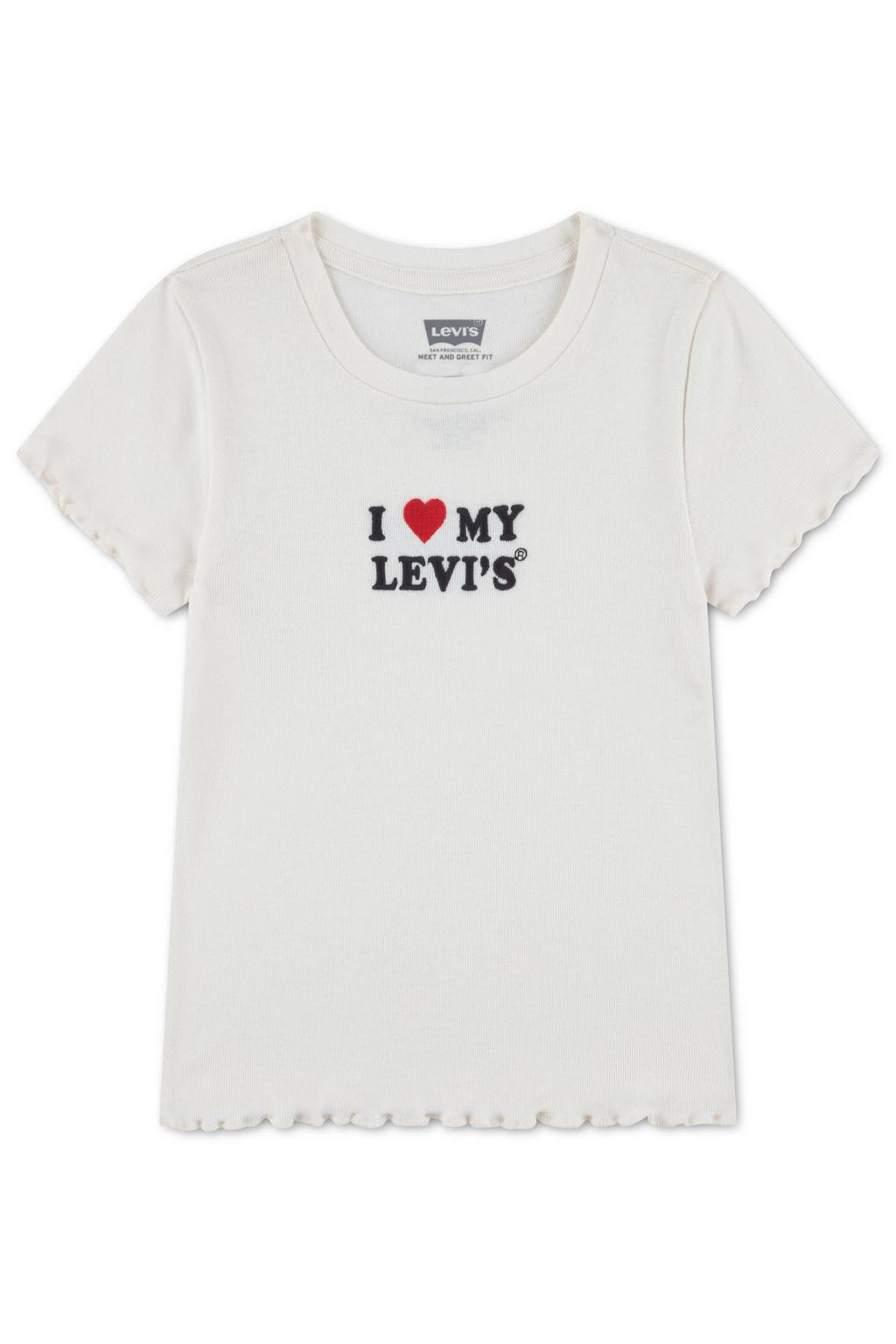 Witte meisjes Levi's Kids jersey T-shirt met tekst print, korte mouwen, ronde hals en golvende afwerking