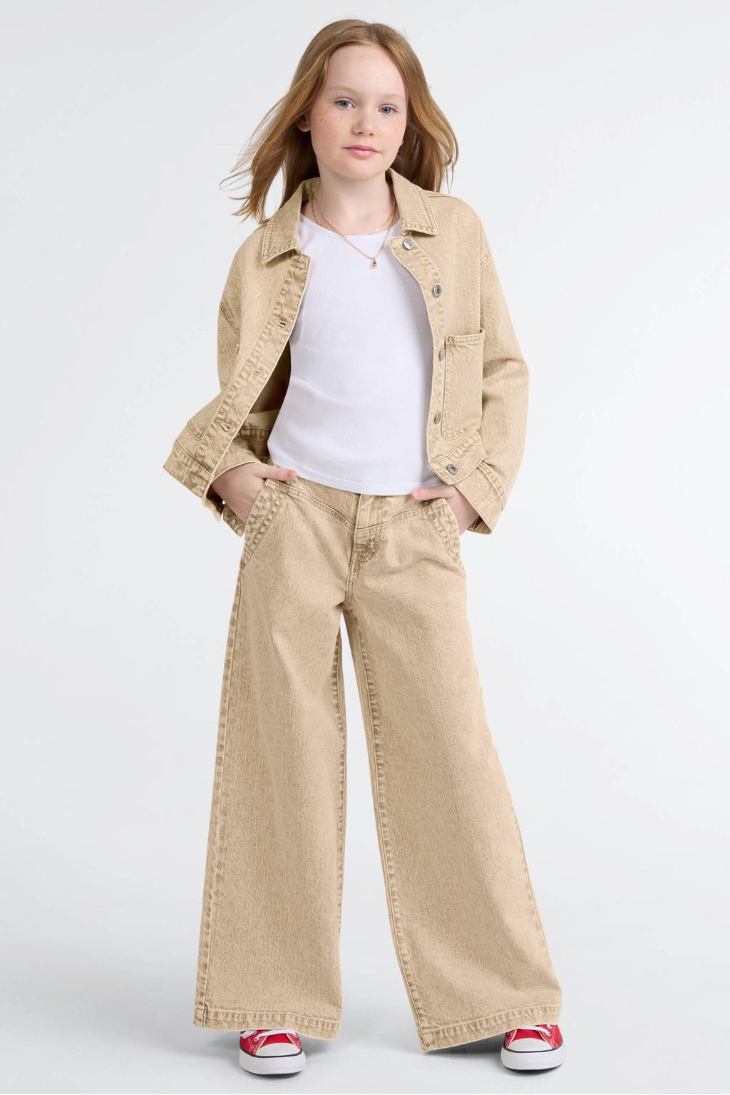 Beige meisjes Levi's Kids spijkerjas van denim met effen, lange mouwen, klassieke kraag en knoopsluiting