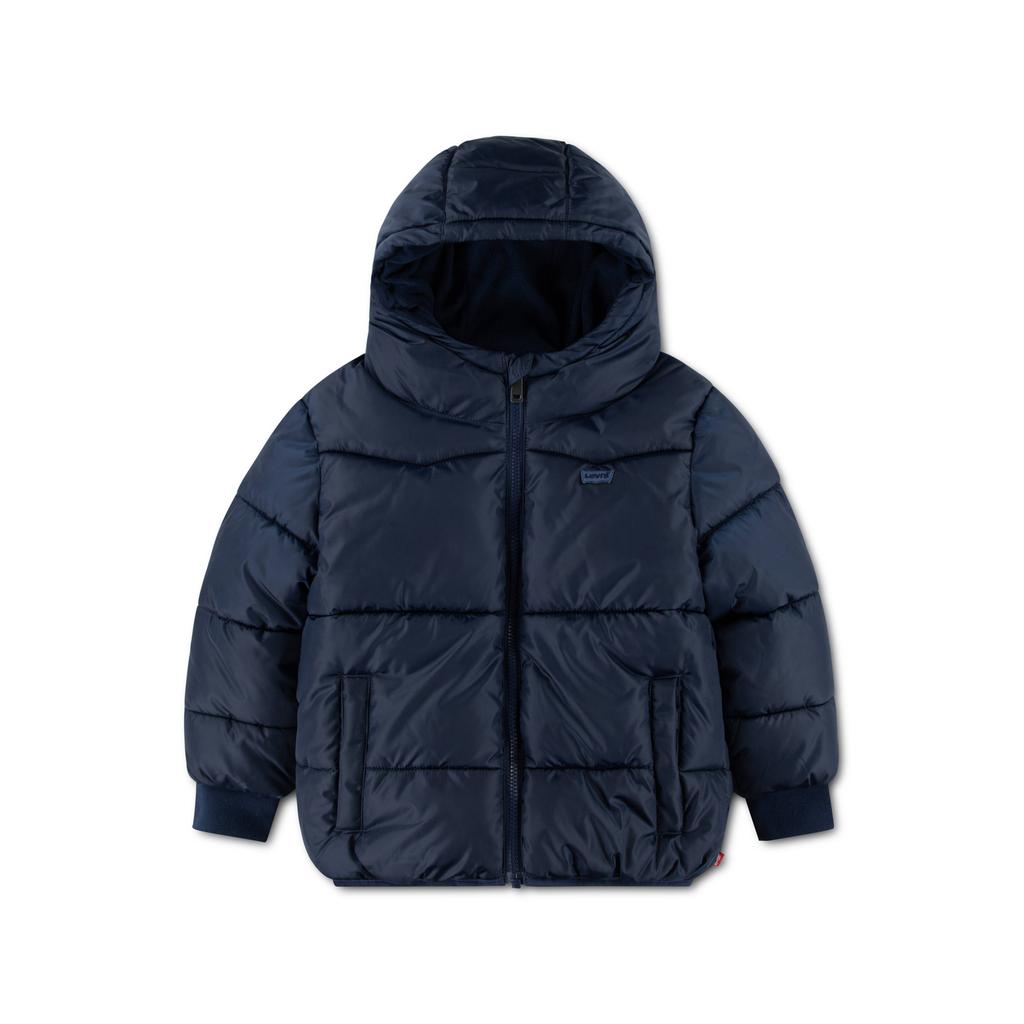 Donkerblauwe jongens Levi's Kids gewatteerde winterjas van polyester met lange mouwen, capuchon en ritssluiting