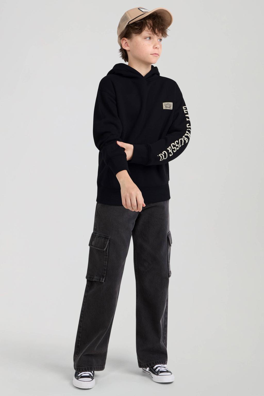 Zwarte jongens Levi's Kids hoodie van sweat materiaal met tekst print, lange mouwen en capuchon