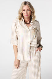 thumbnail: MS Mode viscose rechtvallend gestreepte blouse met borduursels Plus Size - beige