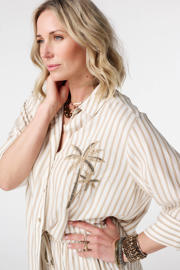 thumbnail: MS Mode viscose rechtvallend gestreepte blouse met borduursels Plus Size - beige