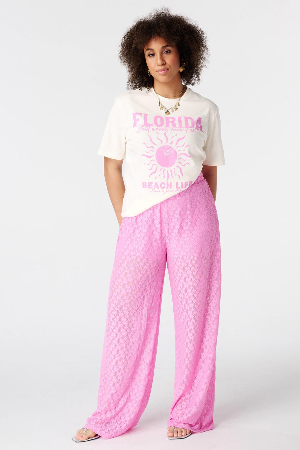 MS Mode loose fit semi-transparante casual broek Plus Size - roze