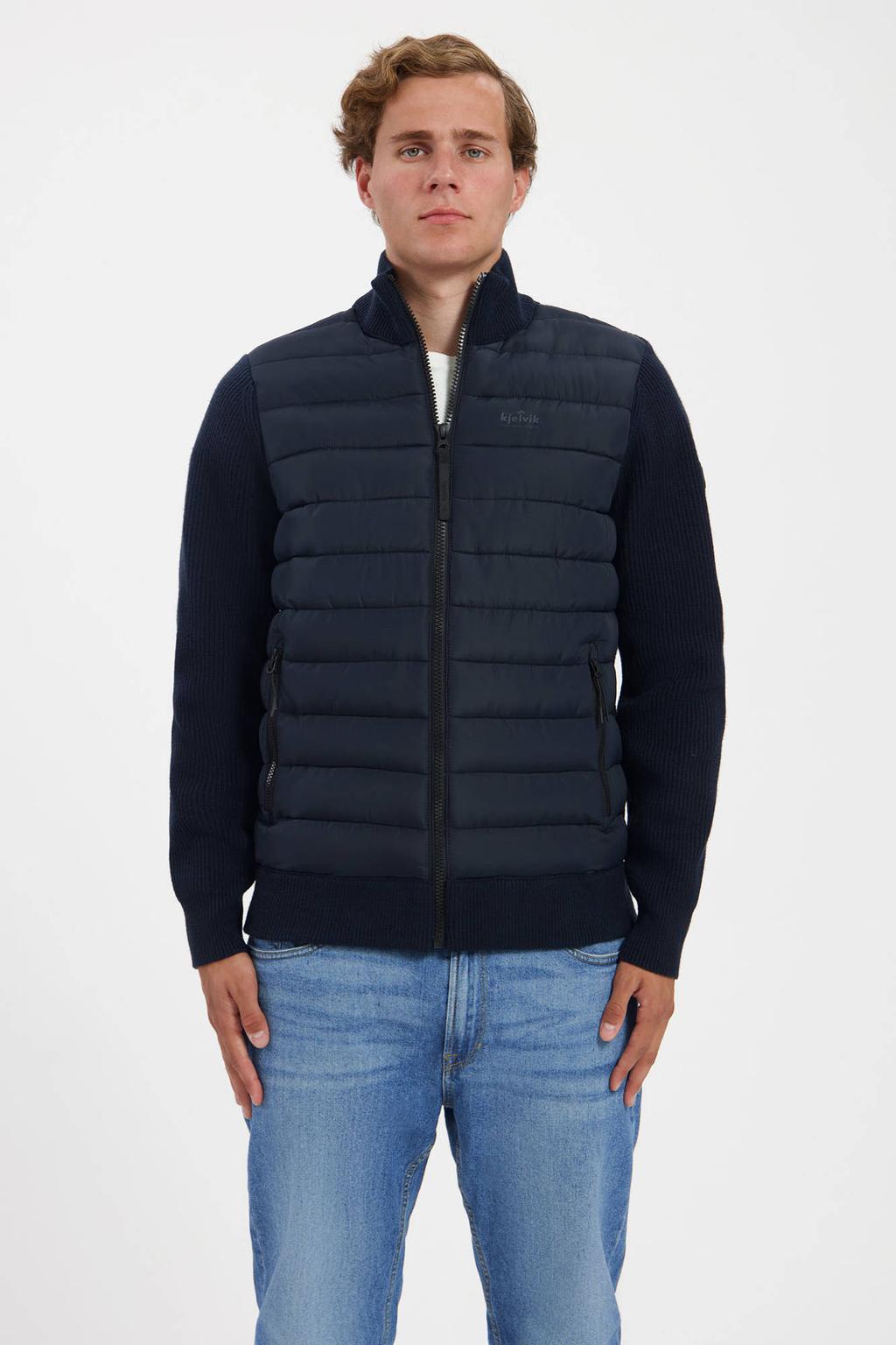 Donkerblauwe heren Kjelvik Kas hybride jas van polyester met effen, lange mouwen, capuchon en ritssluiting