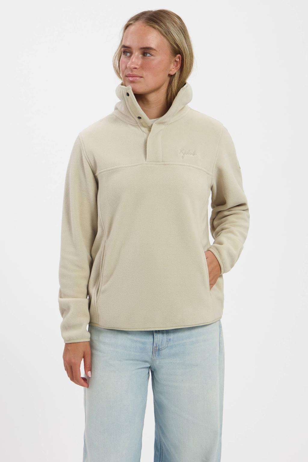 Zandkleurige dames Kjelvik Gilia fleece trui met effen, lange mouwen, opstaande kraag en drukknoopsluiting