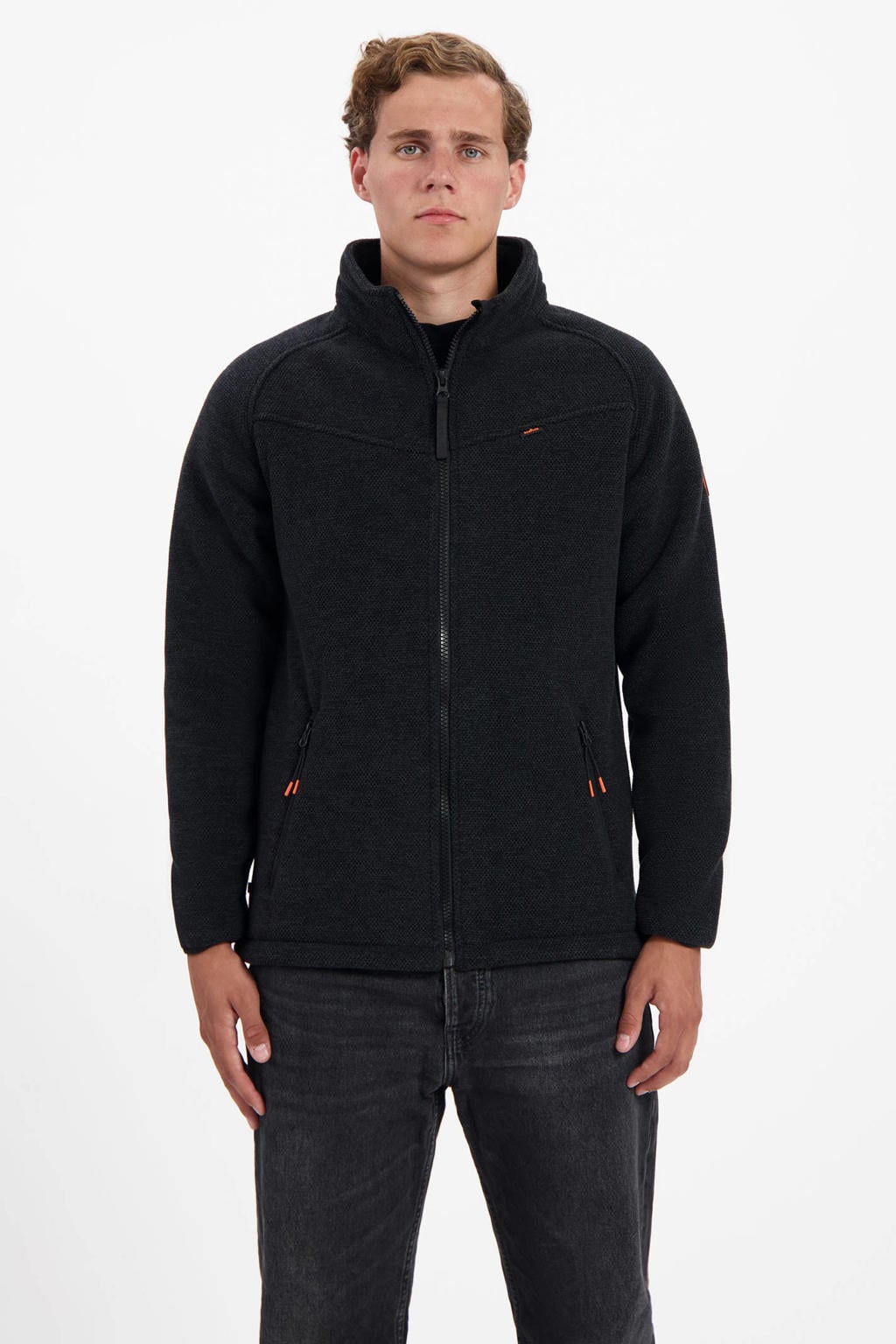 Zwarte heren Kjelvik outdoor vest met lange mouwen, opstaande kraag en ritssluiting