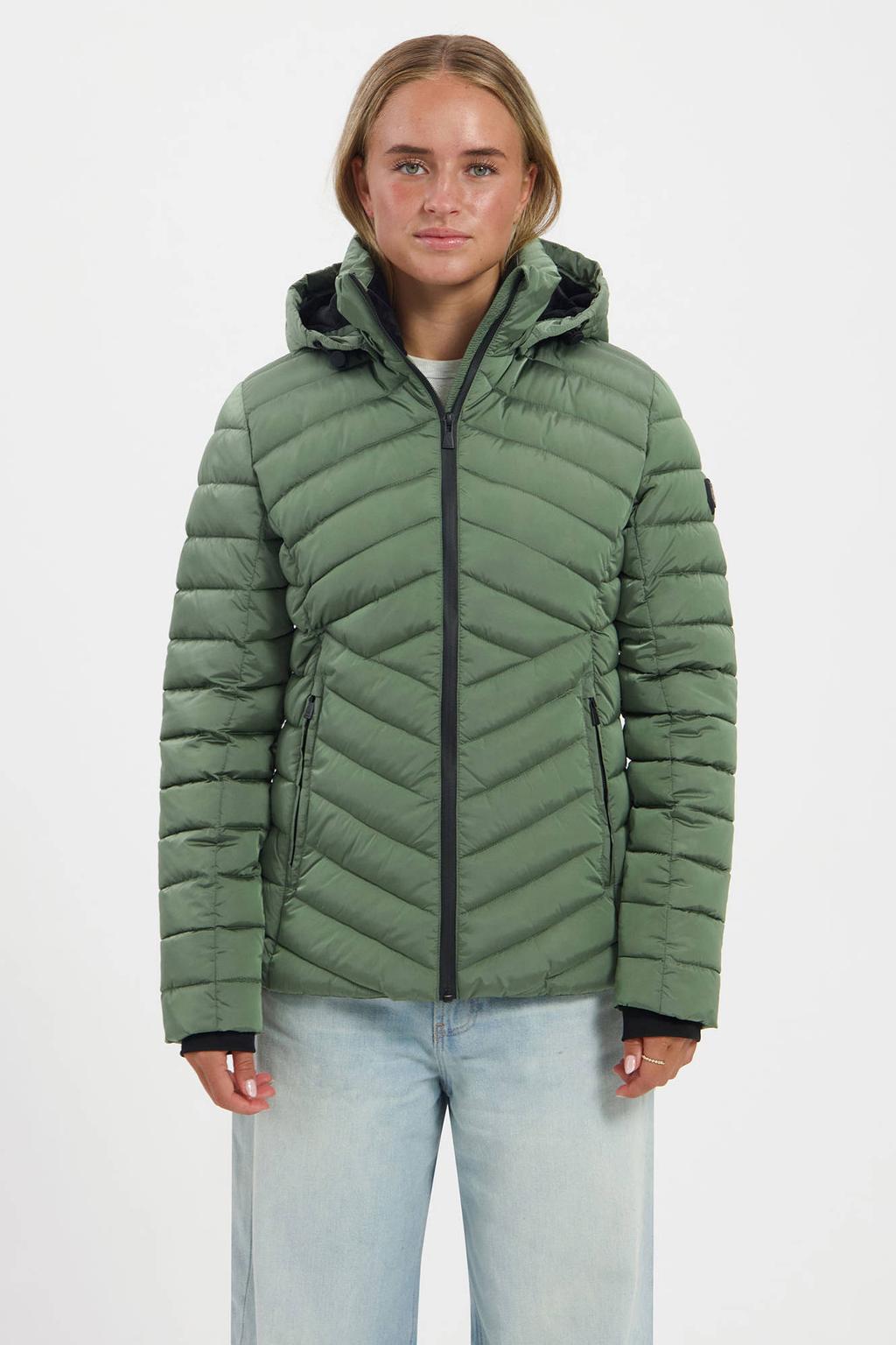 Lichtgroene dames Kjelvik Harmke outdoorjas van polyester met effen, lange mouwen, capuchon en ritssluiting
