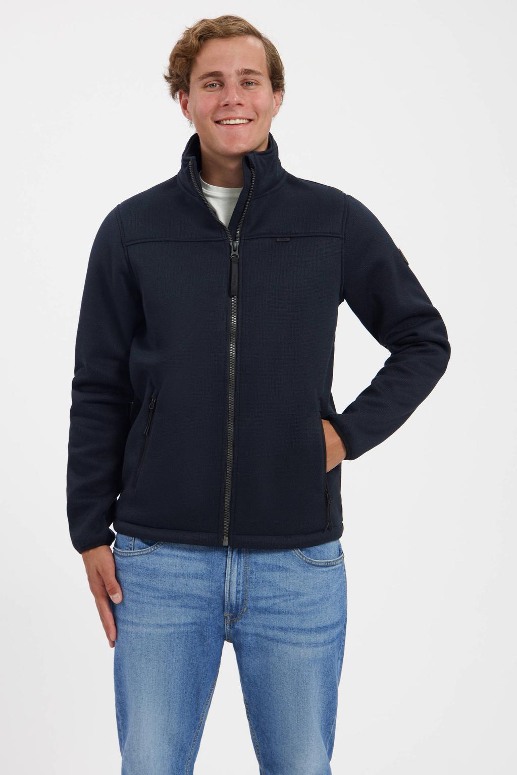 Donkerblauwe heren Kjelvik vest Kylian van fleece met effen, lange mouwen, opstaande kraag en ritssluiting