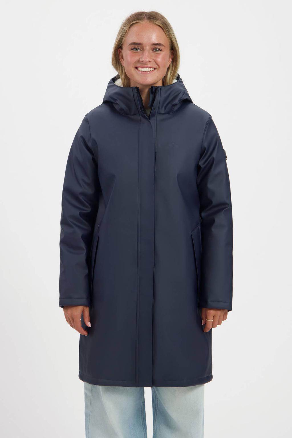 Donkerblauwe dames Kjelvik outdoor jas van polyester met effen, lange mouwen, capuchon en 2-way rits met windvanger
