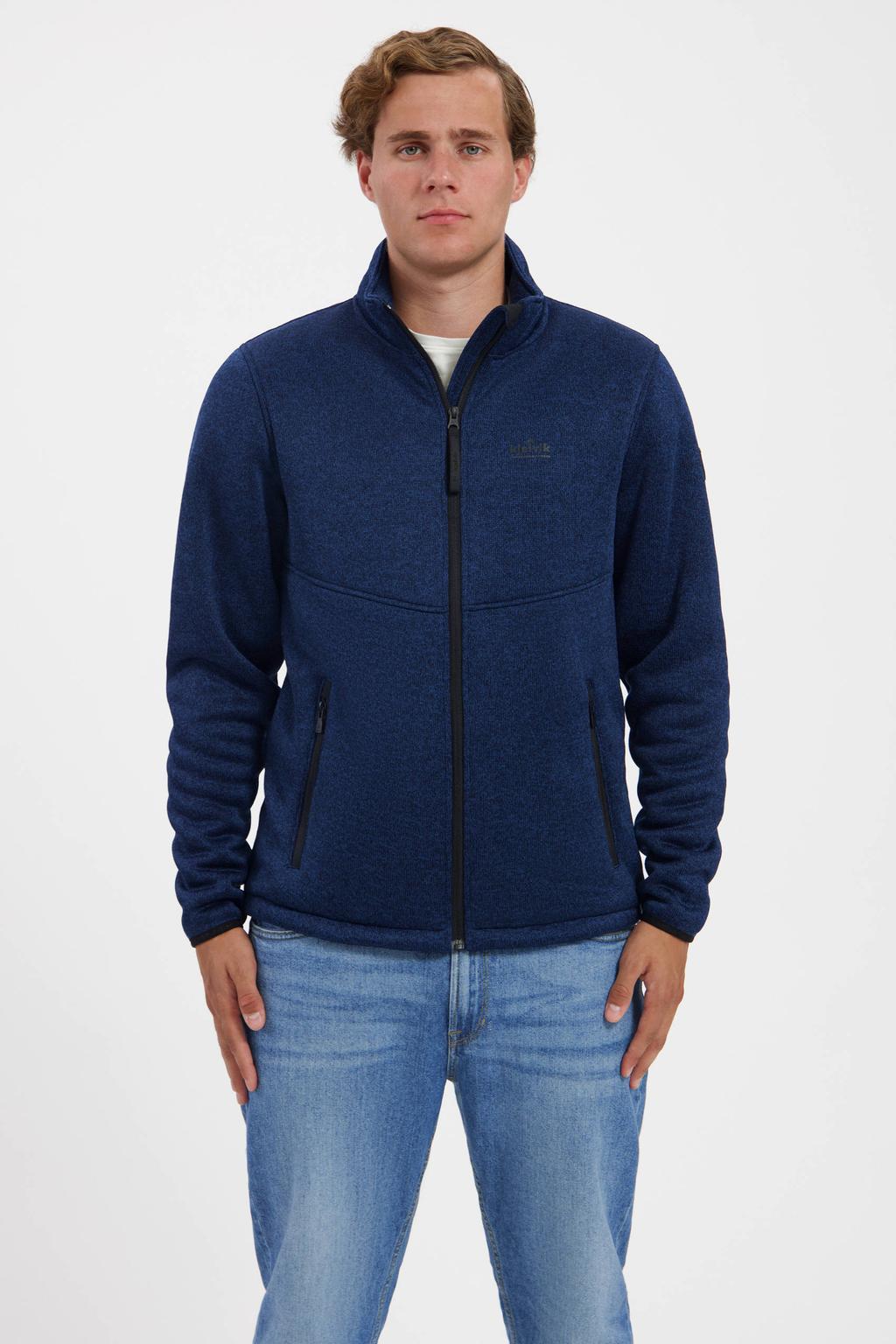 Blauwe heren Kjelvik Ravi fleece outdoorvest met lange mouwen, opstaande kraag en ritssluiting