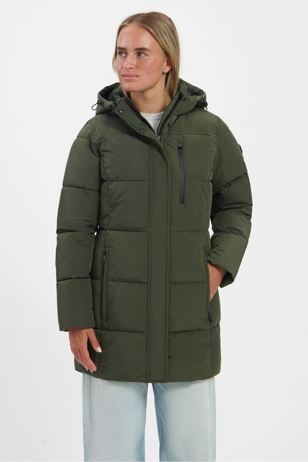 Groene dames Kjelvik Starlet gewatteerde jas van polyester met effen, lange mouwen, capuchon en 2-way rits met windvanger