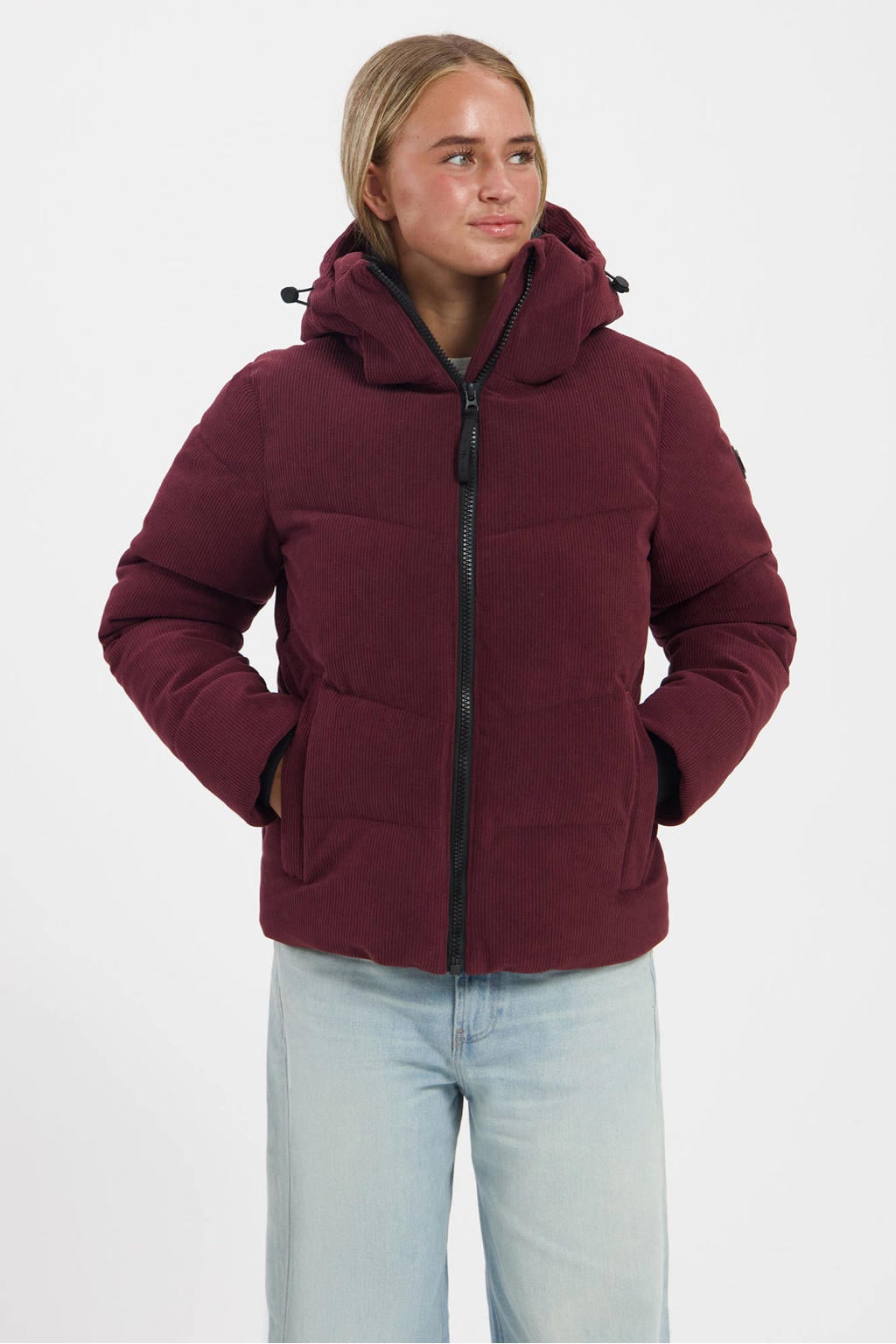 Donkerrode dames Kjelvik Scotty corduroy jas met effen, lange mouwen, capuchon en ritssluiting