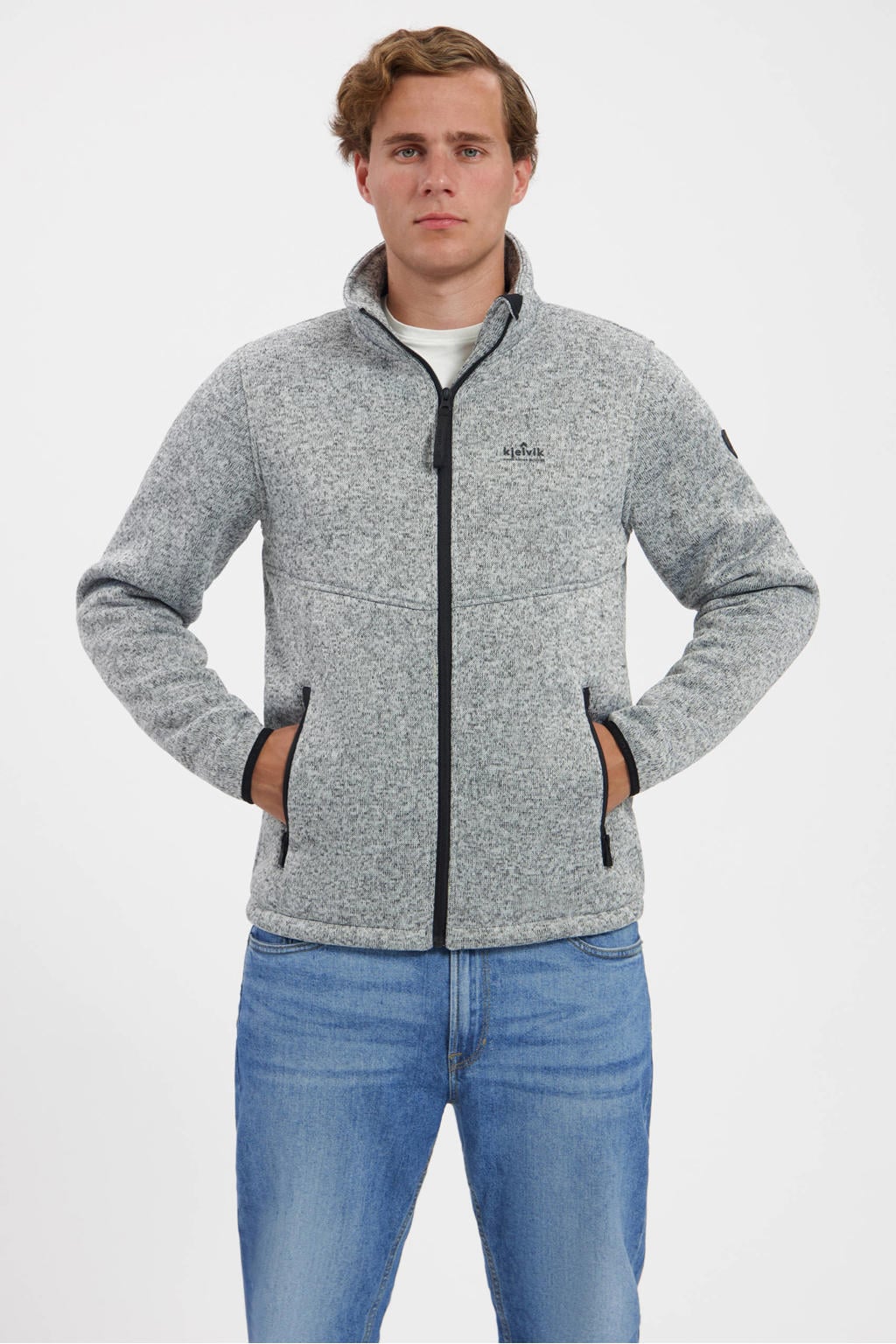 Grijze heren Kjelvik Ravi fleece outdoorvest met lange mouwen, opstaande kraag en ritssluiting