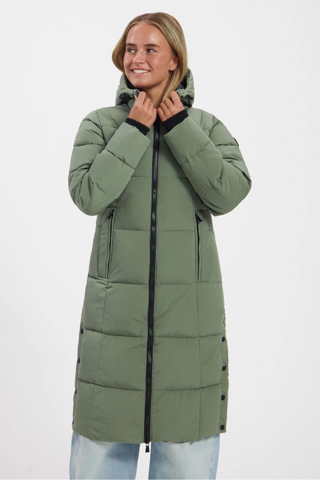 Lichtgroene dames Kjelvik Elea gewatteerde jas van polyester met effen, lange mouwen, capuchon en 2-way rits