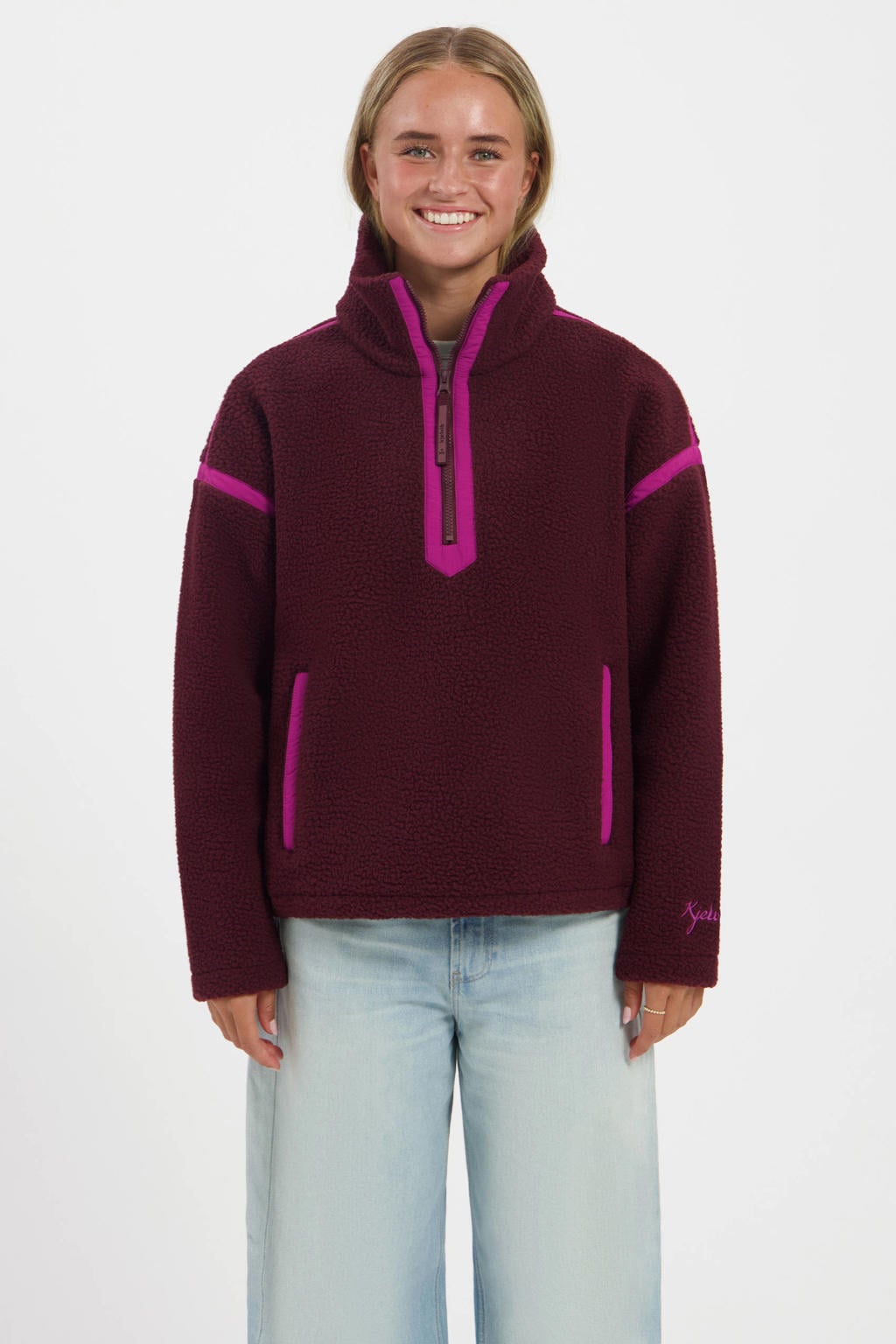 Donkerrode dames Kjelvik fleece sweater Jana met effen, lange mouwen, opstaande kraag en halve rits