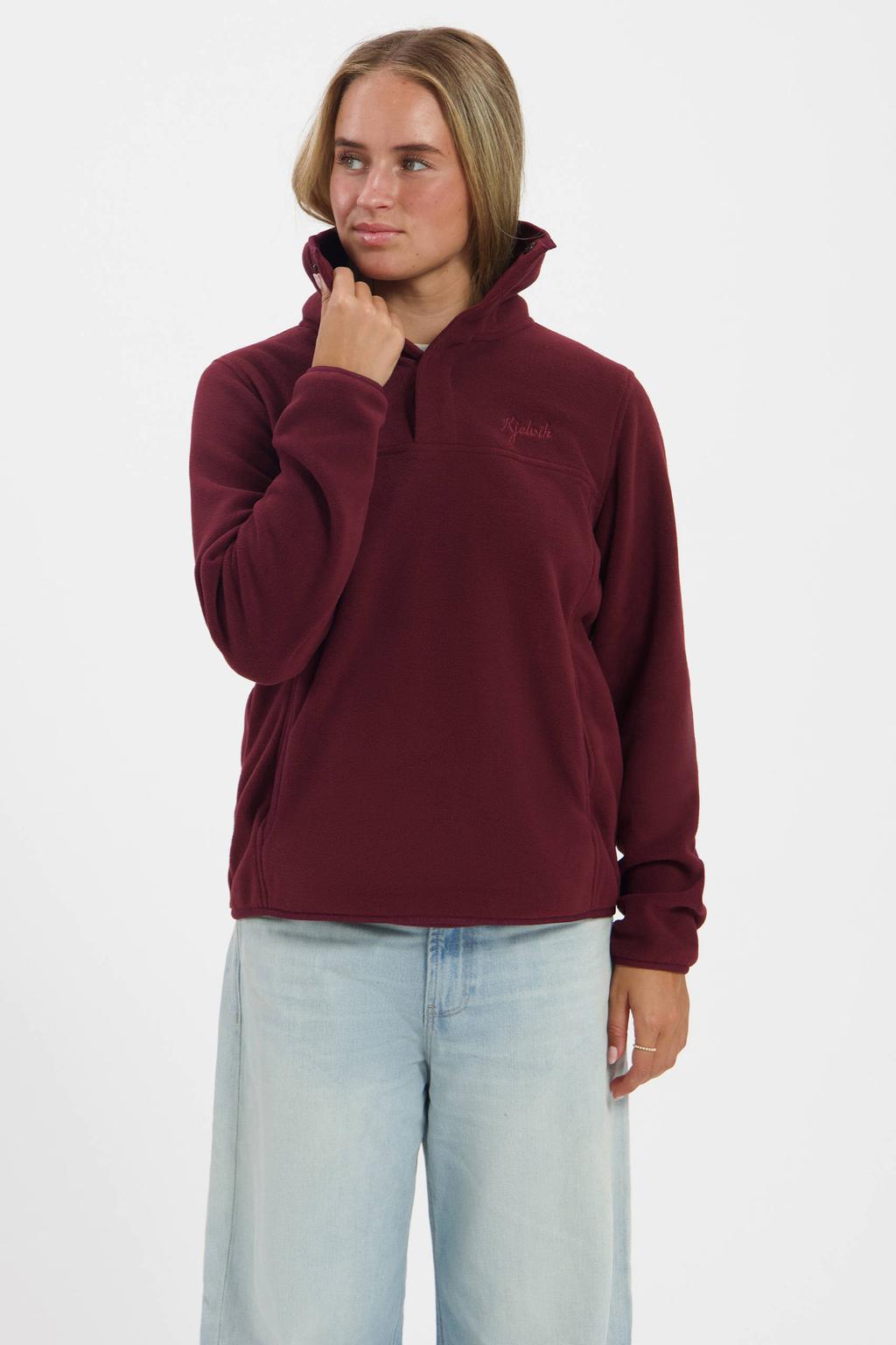 Donkerrode dames Kjelvik Gilia outdoorsweater van fleece met effen, lange mouwen, opstaande kraag en drukknoopsluiting