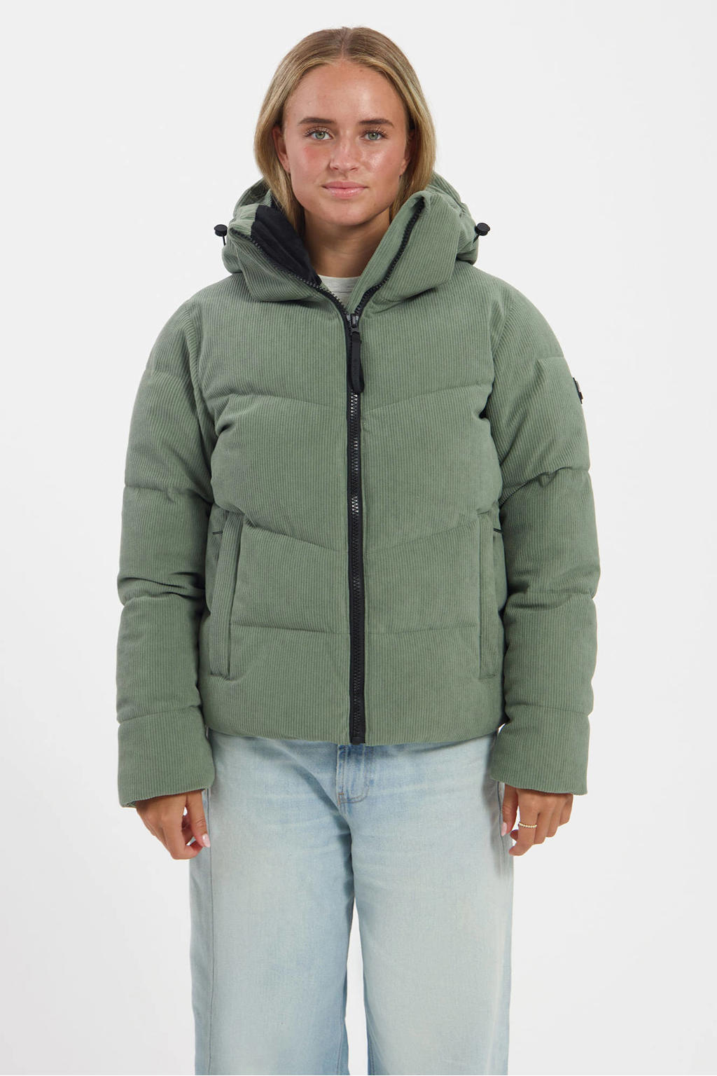 Lichtgroene dames Kjelvik Scotty corduroy jas met effen, lange mouwen, capuchon en ritssluiting