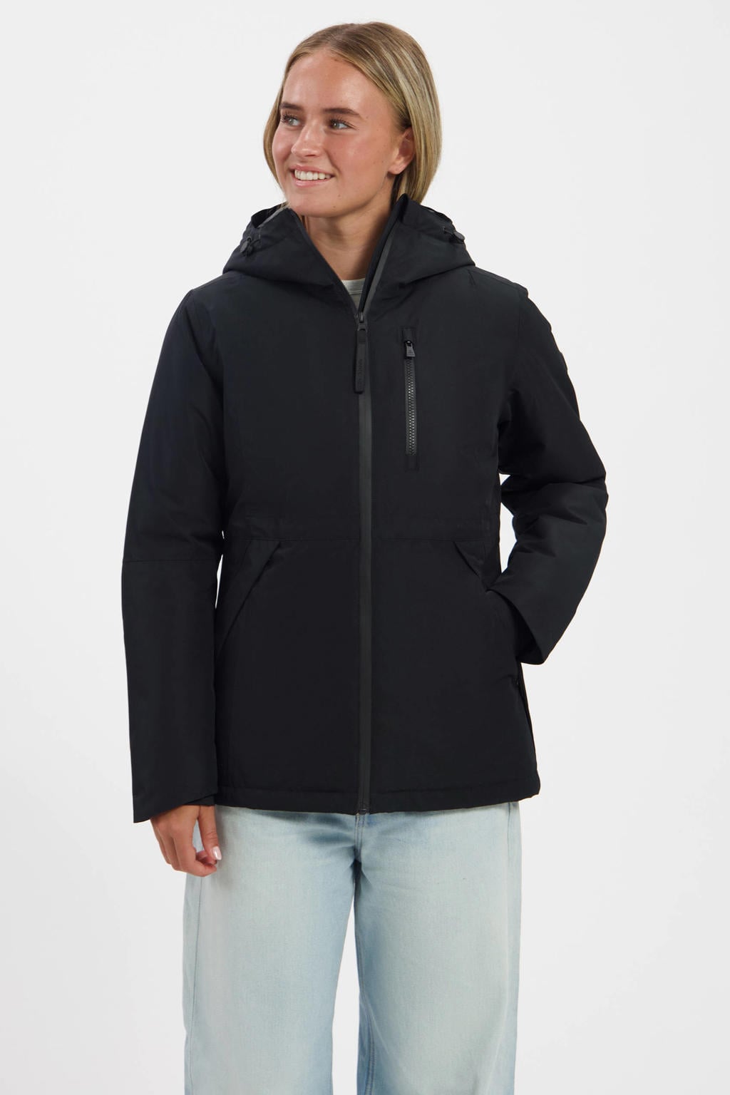 Zwarte dames Kjelvik Nela outdoor jas van polyester met effen, lange mouwen, capuchon en ritssluiting