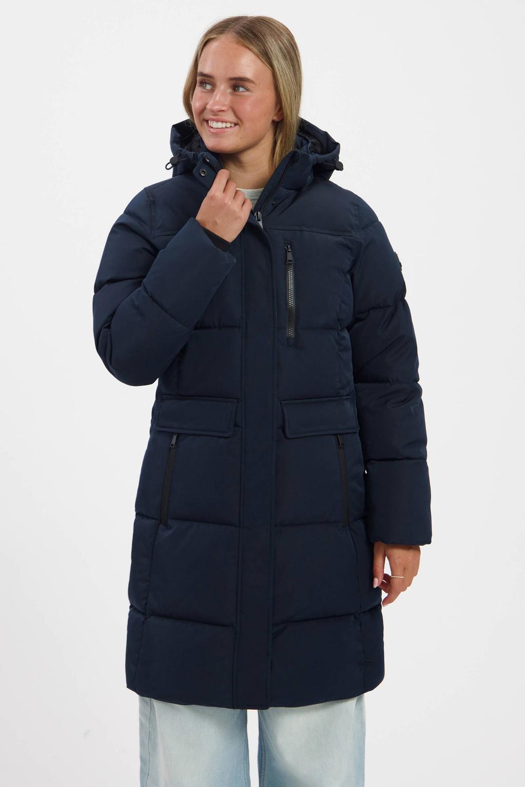 Donkerblauwe dames Kjelvik Poppy jas van polyester met effen, lange mouwen, capuchon en 2-way rits met windvanger