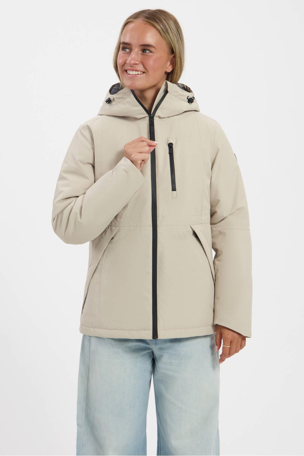 Zandkleurige dames Kjelvik Nela outdoorjas van polyester met effen, lange mouwen, capuchon en ritssluiting