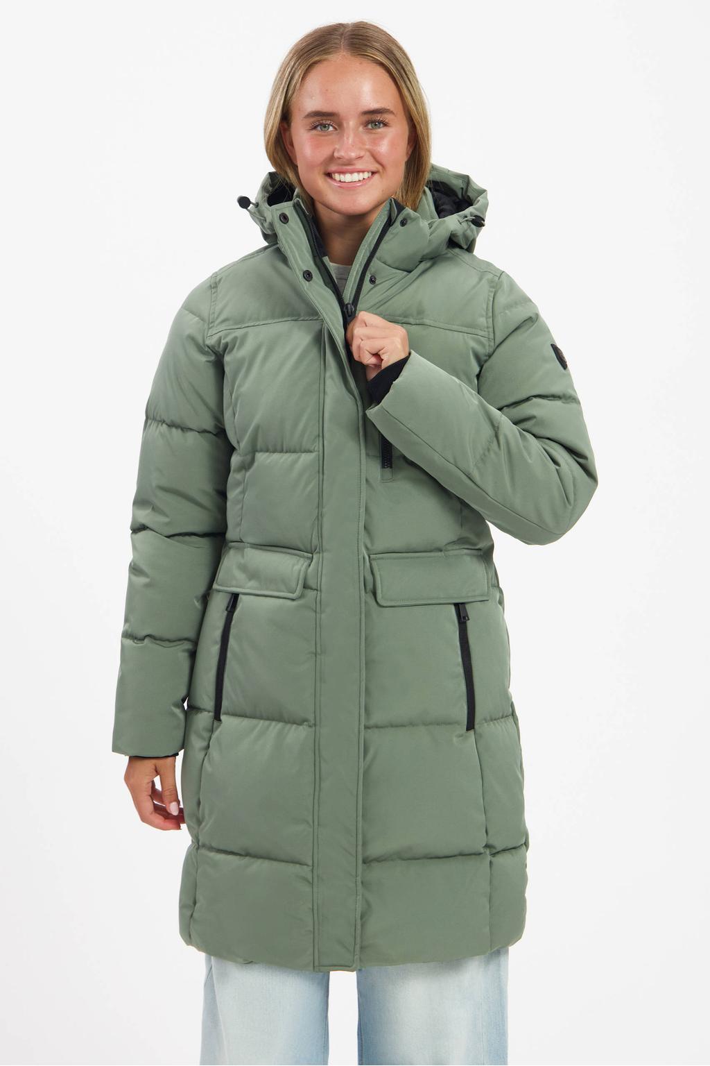 Lichtgroene dames Kjelvik Poppy jas van polyester met effen, lange mouwen, capuchon en 2-way rits met windvanger