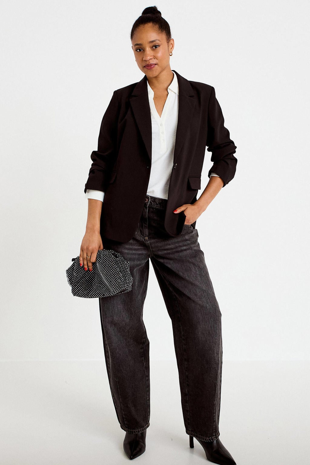 Ecru dames Cache Cache top van polyester met effen, lange mouwen en klassieke kraag