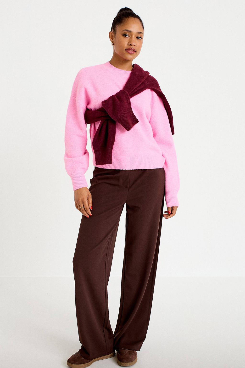 Roze dames Cache Cache wollen gebreide trui met effen, lange mouwen en ronde hals