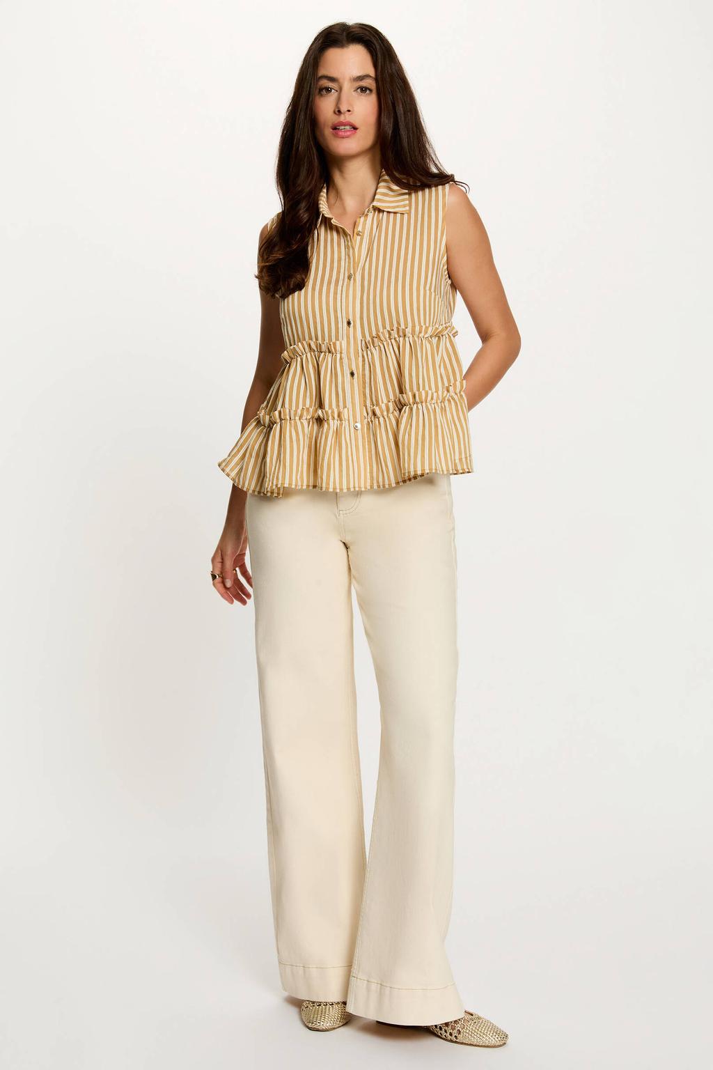 Camel en ecru dames Morgan Peplum gestreepte blouse van viscose met klassieke kraag, knoopsluiting en ruches