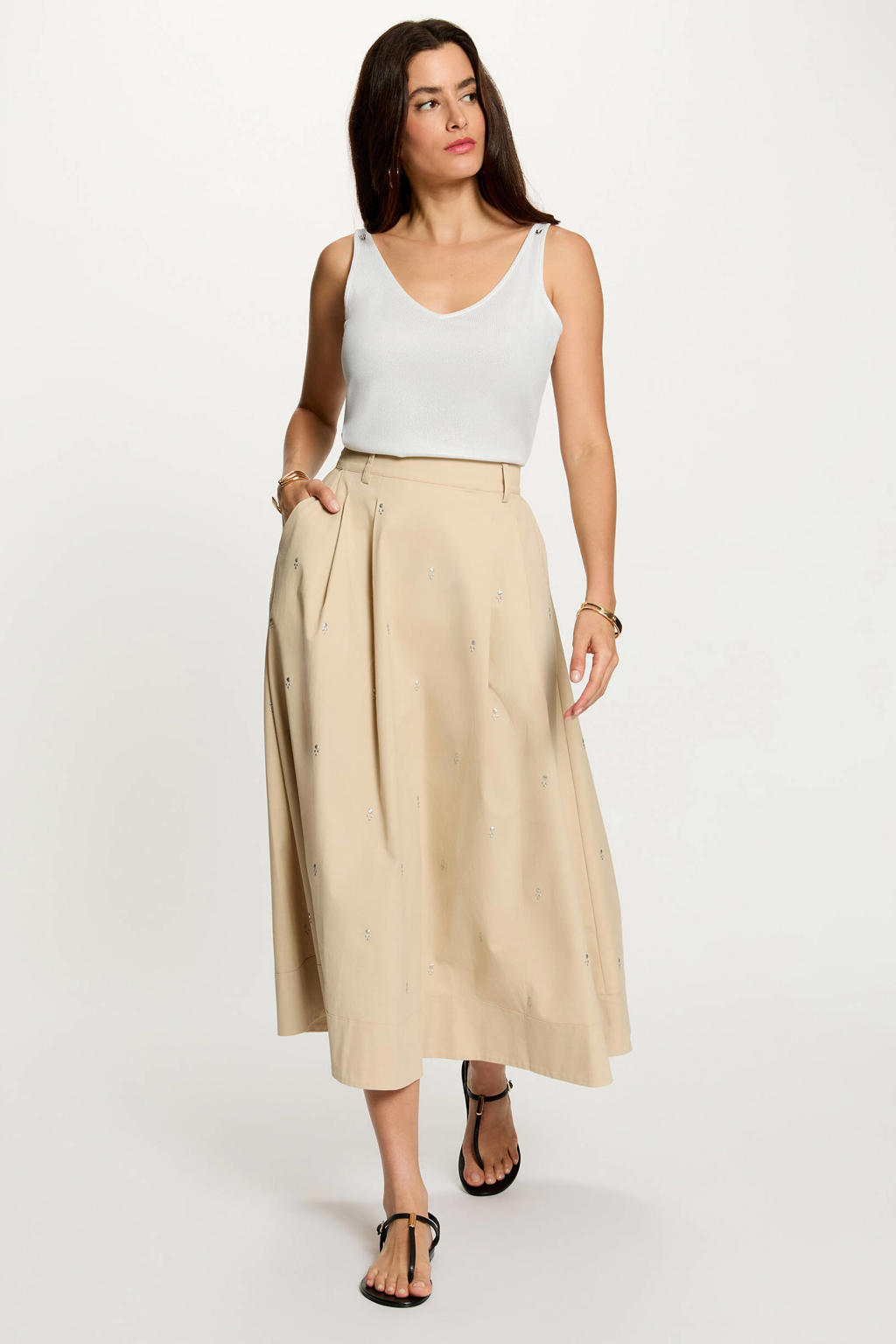Beige en zilverkleurige dames Morgan midi rok met studs gemaakt van katoen en met ritssluiting