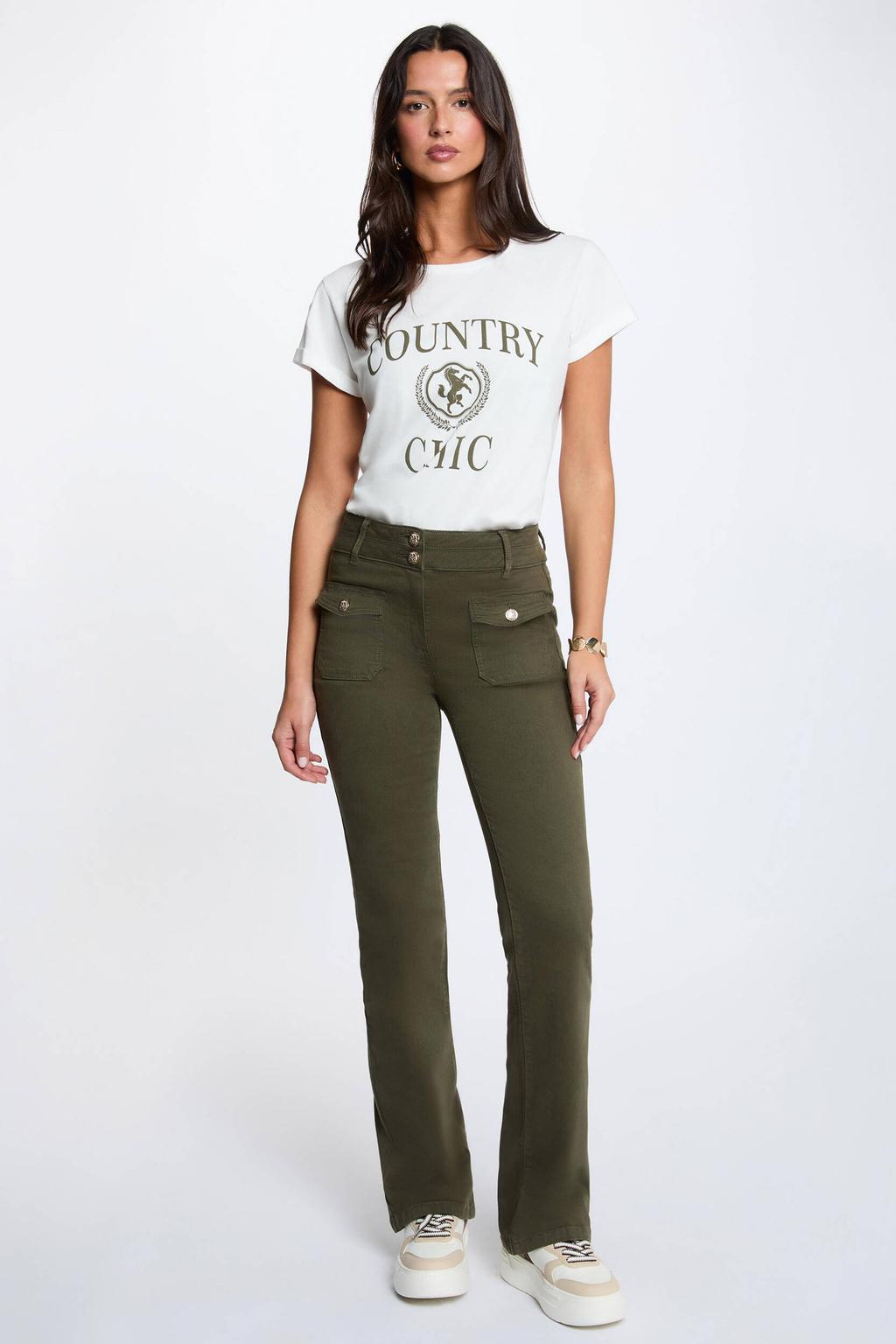 Kakikleurige dames Morgan flared jeans van denim met regular waist, rits- en knoopsluiting en effen