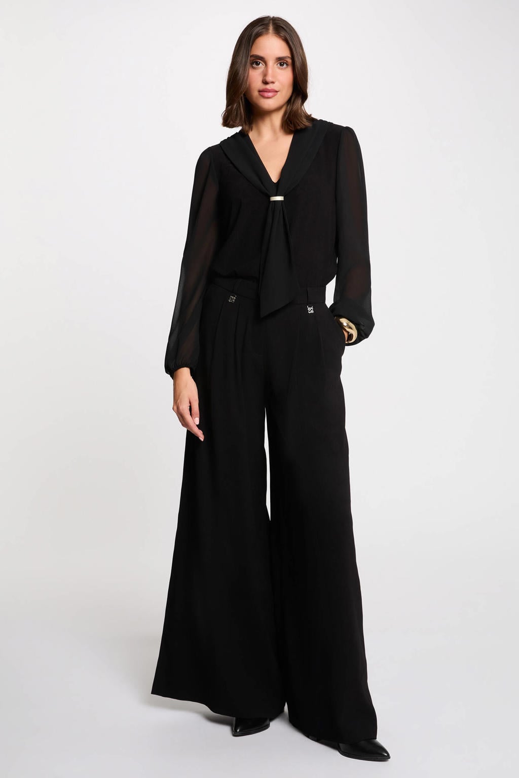 Zwarte dames Morgan semi-transparante top van polyester met effen, lange mouwen en V-hals