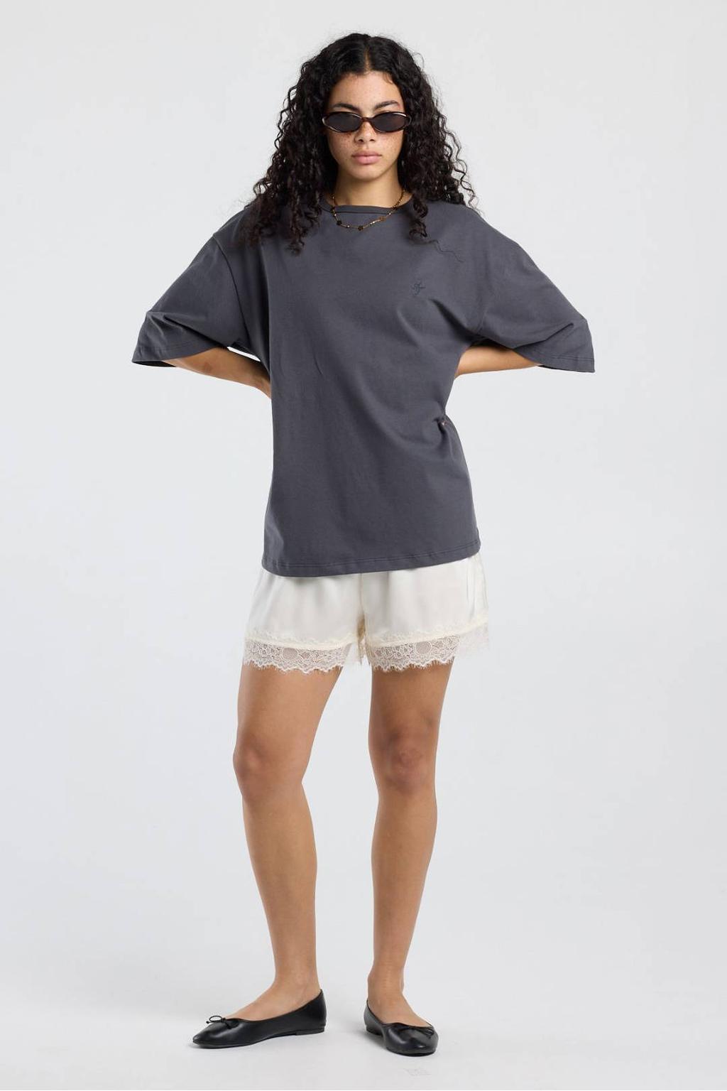 Antraciete dames America Today rechtvallend T-shirt van katoen met effen, driekwart mouwen en ronde hals